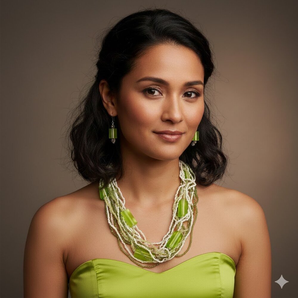 Green and Cream Beaded Necklace and Earring Set